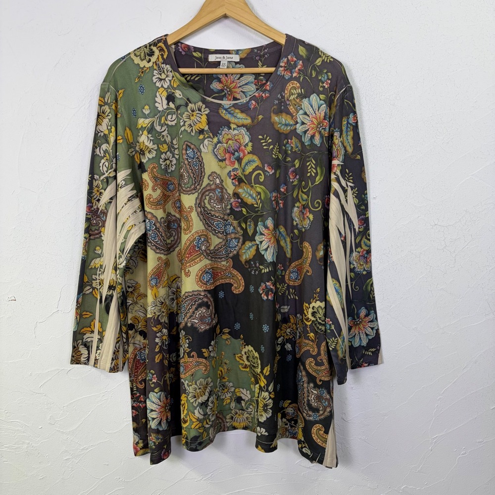Jess Jane Floral Paisley Tunic Top Women 2X Multi Color Long Sleeve Boho Artsy